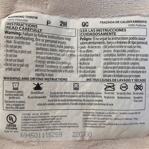 Sunbeam Warm Throw Blanket 3 Settings Machine Wash